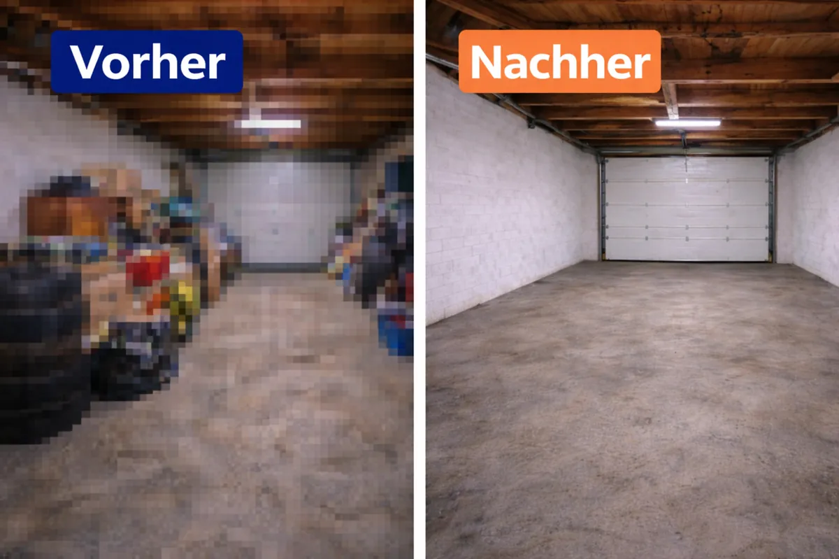 Vorher-Nachher Beispiel einer Garagenentrümpelung in Frechen