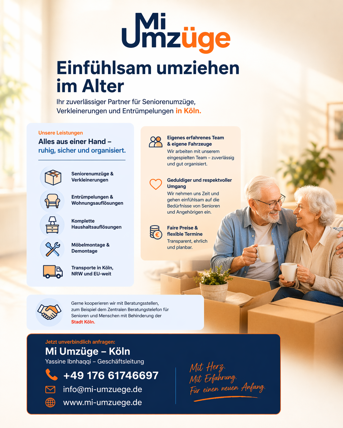 Seniorenumzug mit Mi Umzüge, Leistungen für Senioren, Entrümpelung und Umzug in Köln